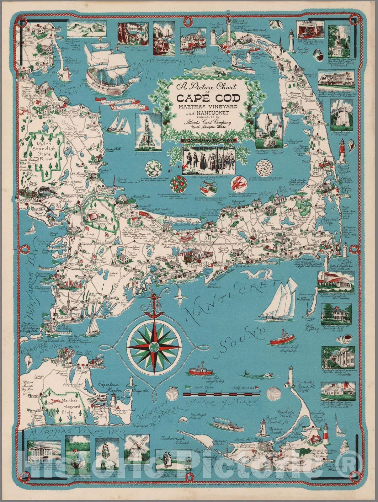 Cape Cod, Martha's Vineyard and Nantucket, Massachusetts - Pictorial Map, 1955
