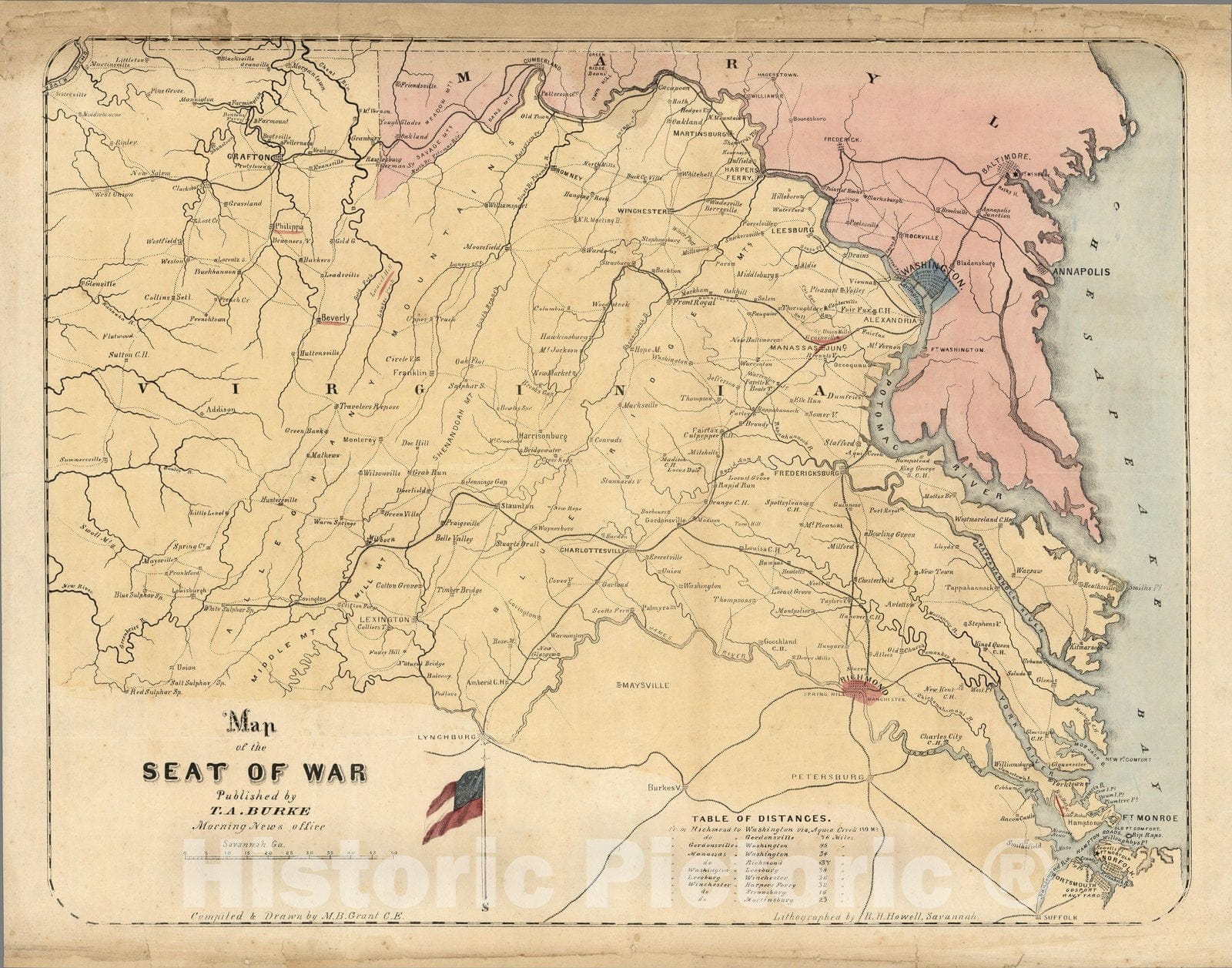 Historic Map : Map of the seat of war. Published by T.A. Burke, 1861 - Vintage Wall Art