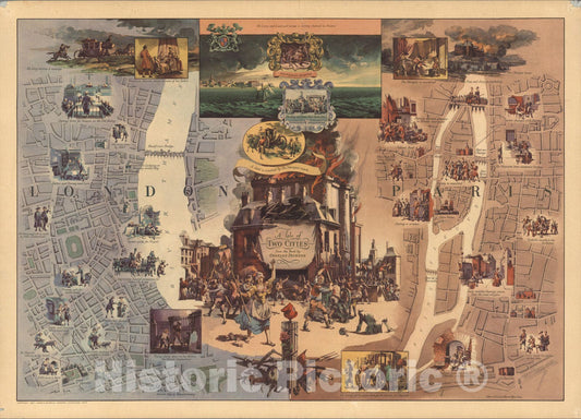 Historic Wall Map : A Tale of two cities : from the book by Charles Dickens 1957 - Vintage Wall Art