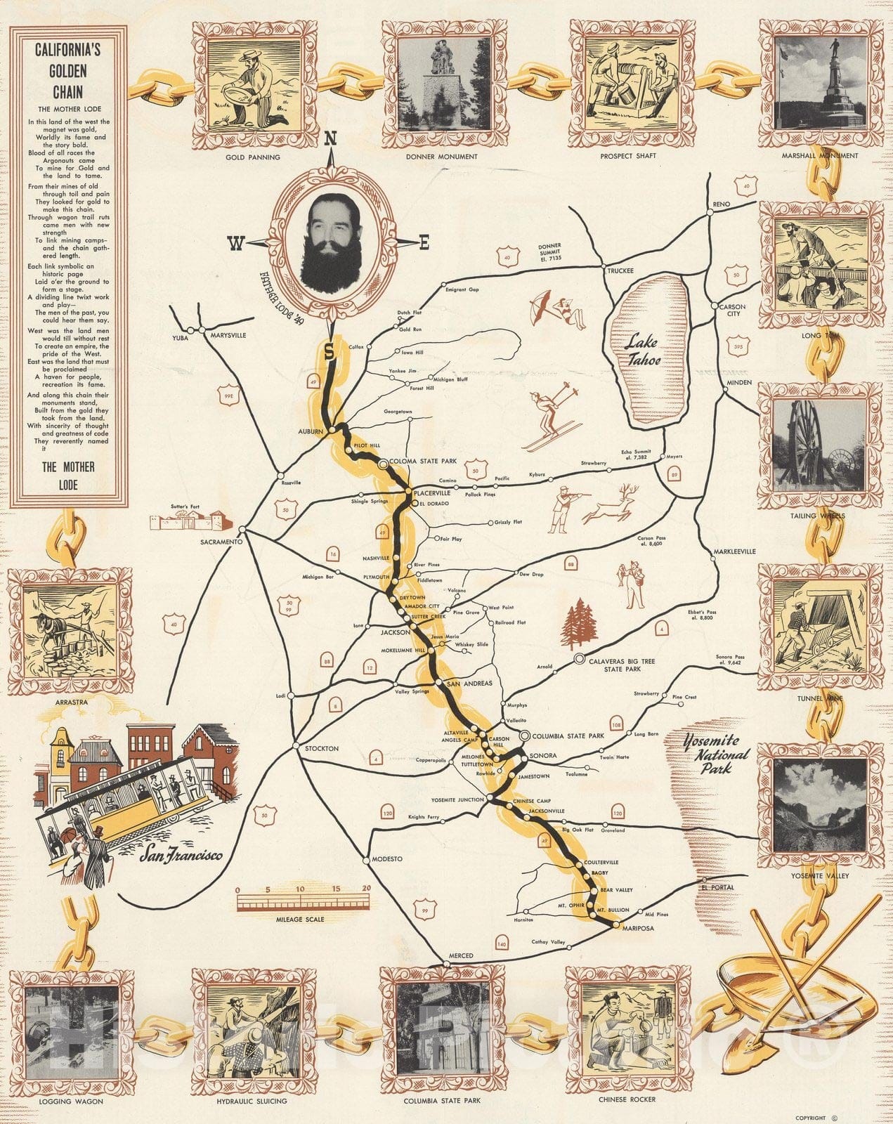 Historic Map : Pocket Map, California's Golden Chain : the Mother Load. 1951 - Vintage Wall Art