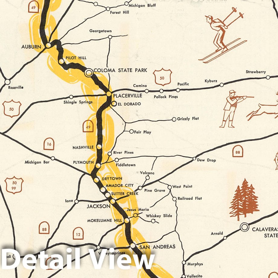Historic Map : Pocket Map, California's Golden Chain : the Mother Load. 1951 - Vintage Wall Art