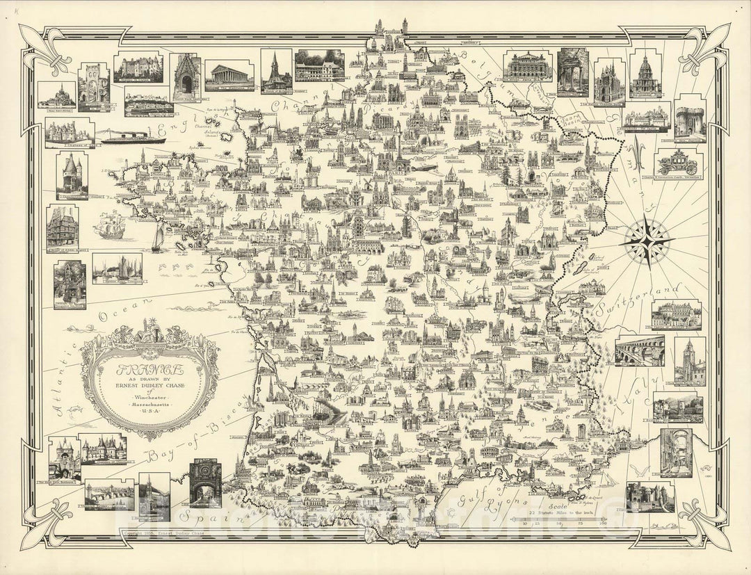 Historic Map : France as drawn by Ernest Dudley Chase, 1935, Vintage Wall Decor