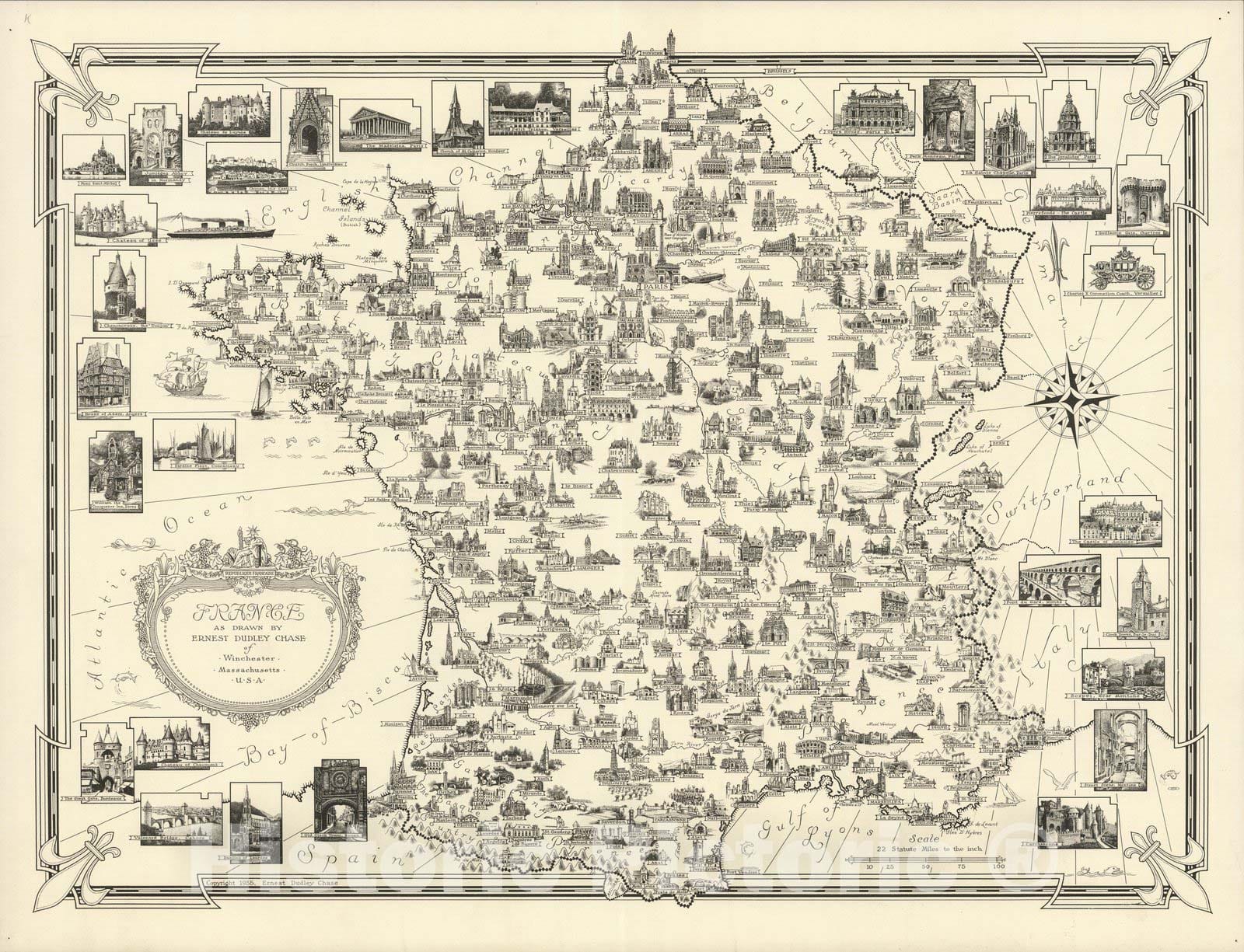 Historic Map : France as drawn by Ernest Dudley Chase, 1935, Vintage Wall Decor