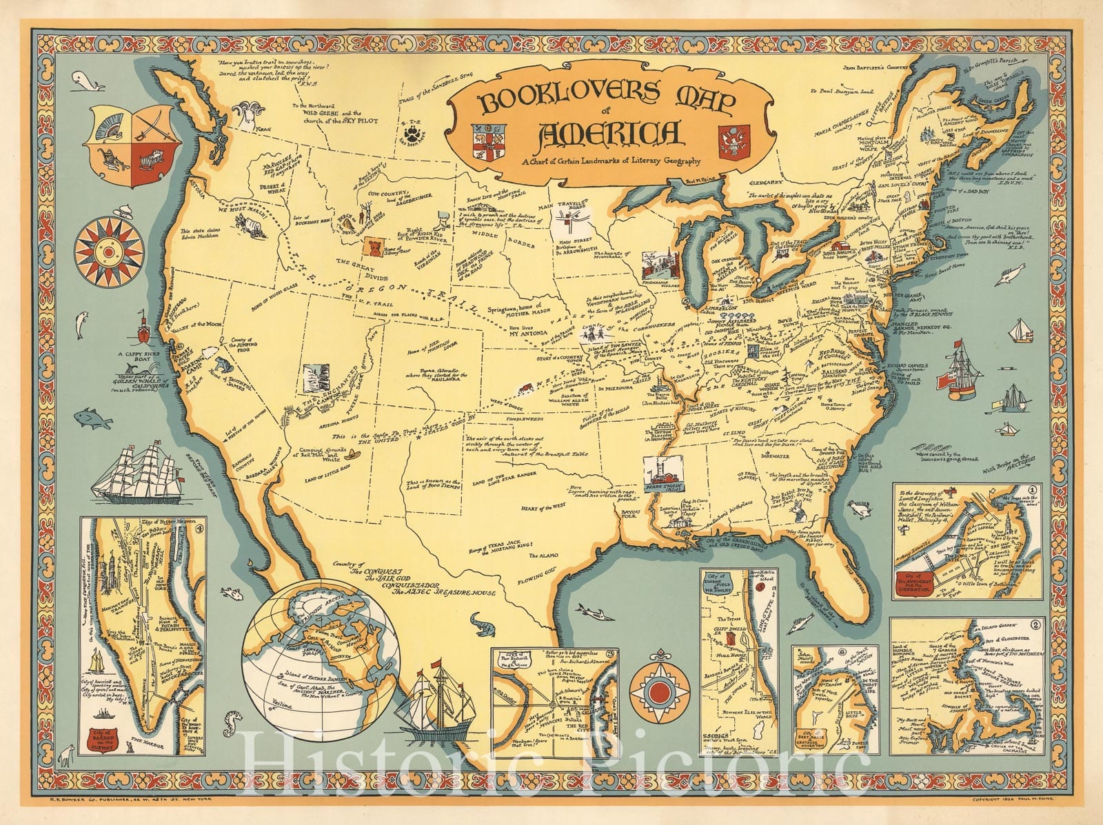United States - Pictorial Map, 1926 - Booklovers Literary Landmarks