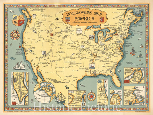 United States - Pictorial Map, 1926 - Booklovers Literary Landmarks