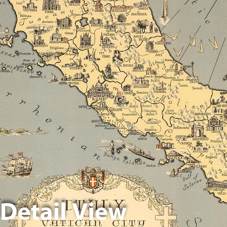 Italy and Vatican City - Pictorial Map, 1935 - Historical Map Print