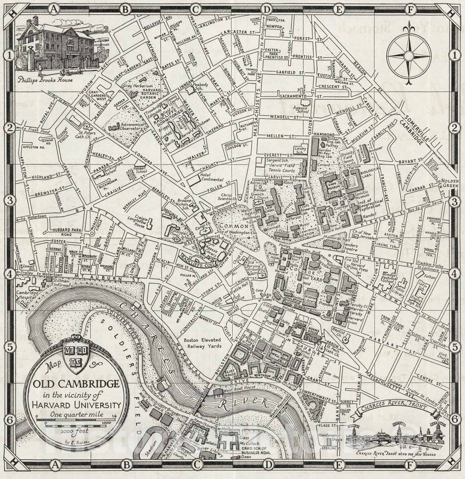 Map of old Cambridge, in the vicinity of Harvard University : by E. Raisz, 1939 - Vintage Wall Art