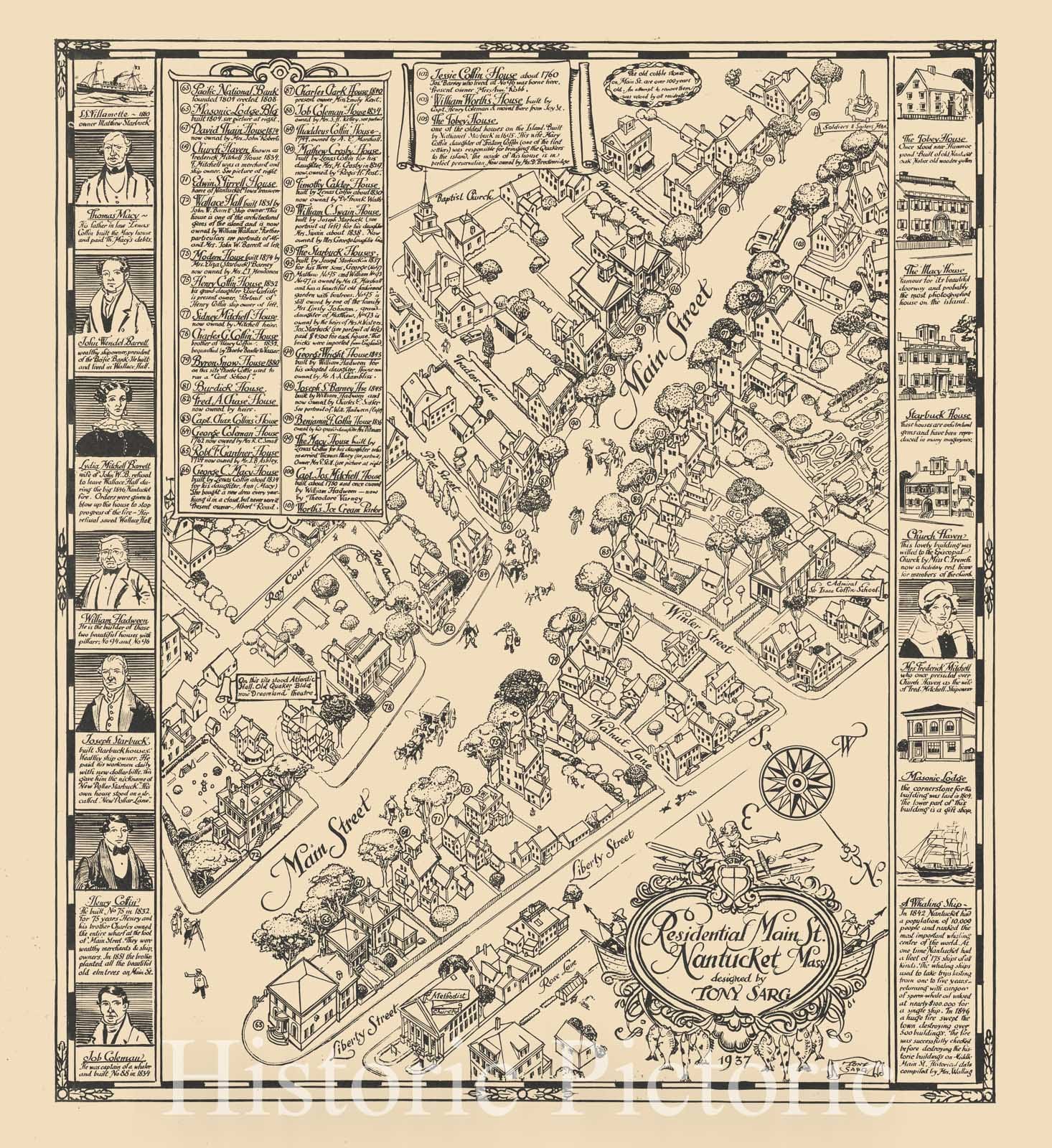 Historic Map : Residential Main St. Nantucket Mass. Designed by Tony Sarg. 1937 - Vintage Wall Art