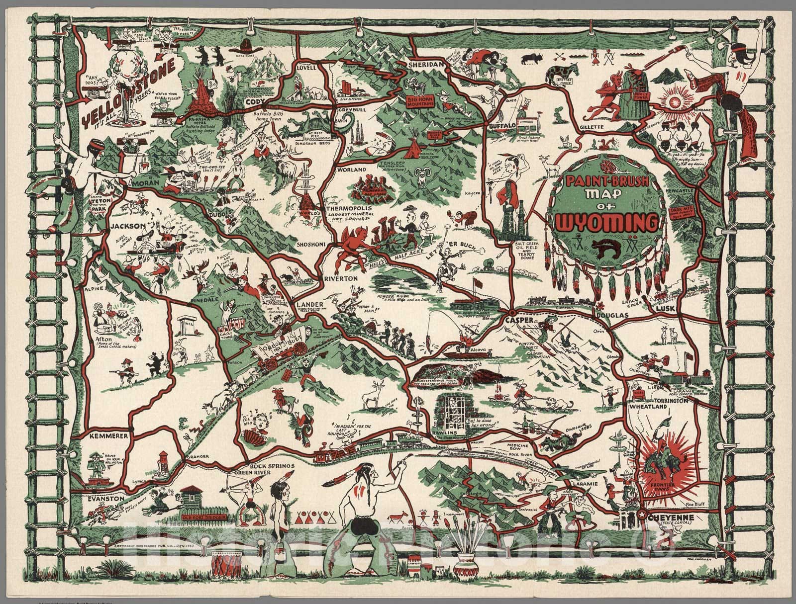 Historic Map : Paint-Brush Map of Wyoming. Revised 1953, 1953 - Vintage Wall Art