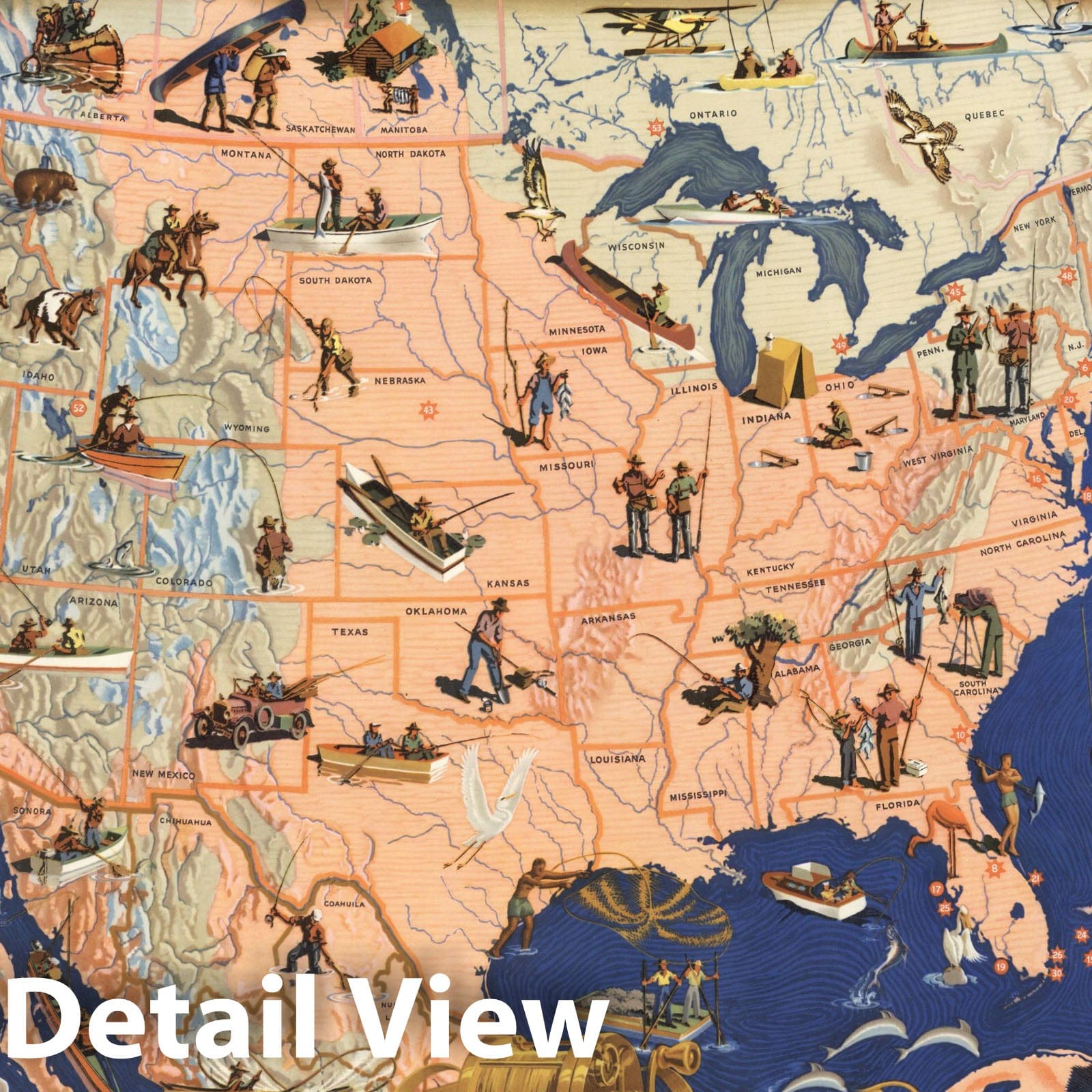 North America Pictorial Map, 1947 - Game Fish Wall Art Print