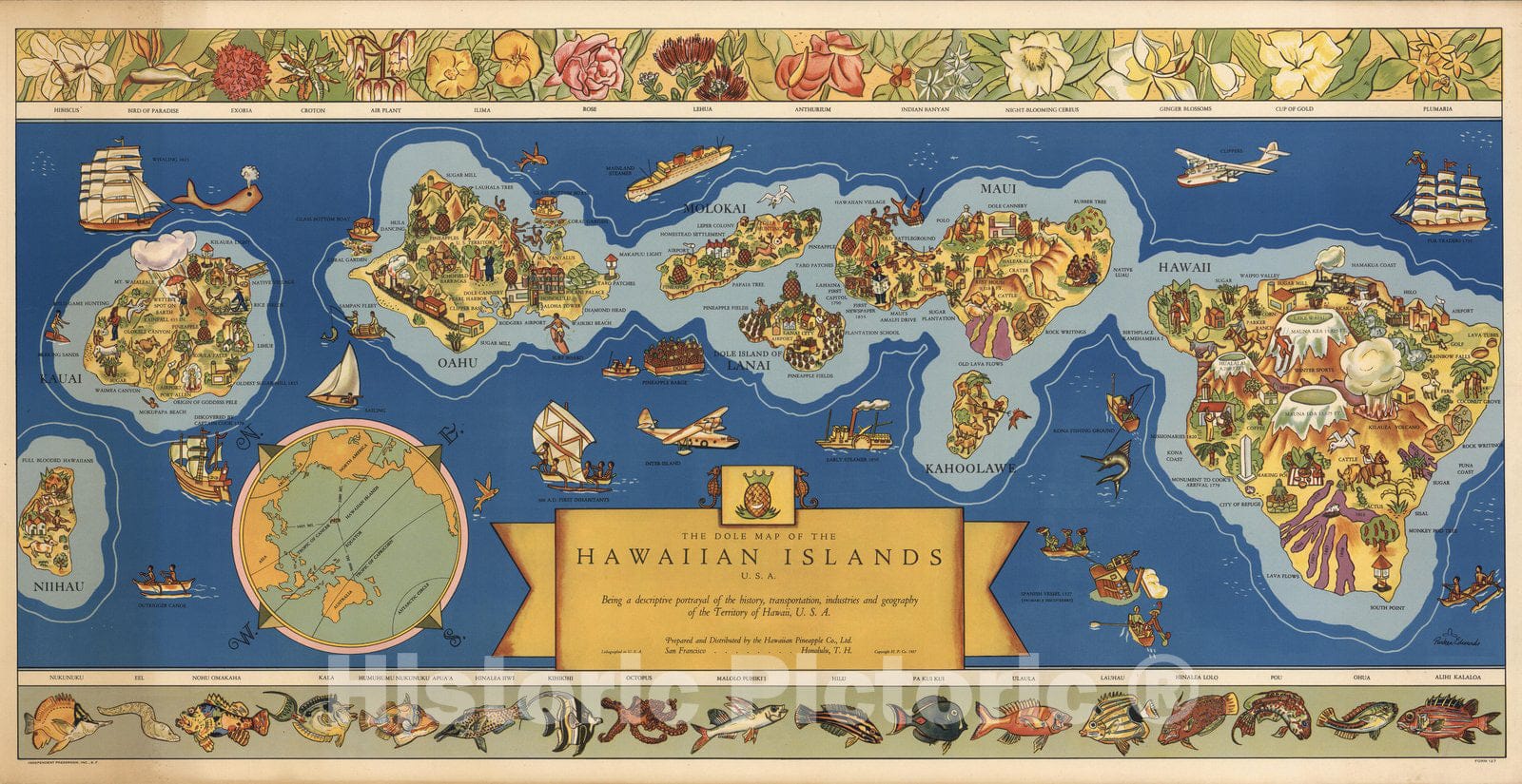 Hawaiian Islands Pictorial Map, 1937 - Vintage Dole Company Print