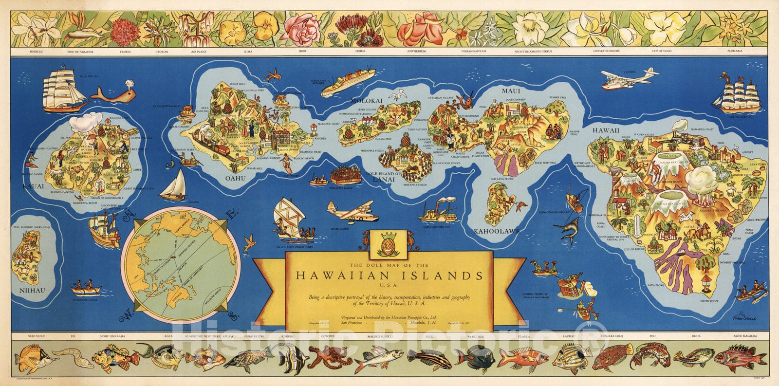 Historic Map - Dole Map of the Hawaiian Islands U.S.A, 1937, - Vintage Wall Art