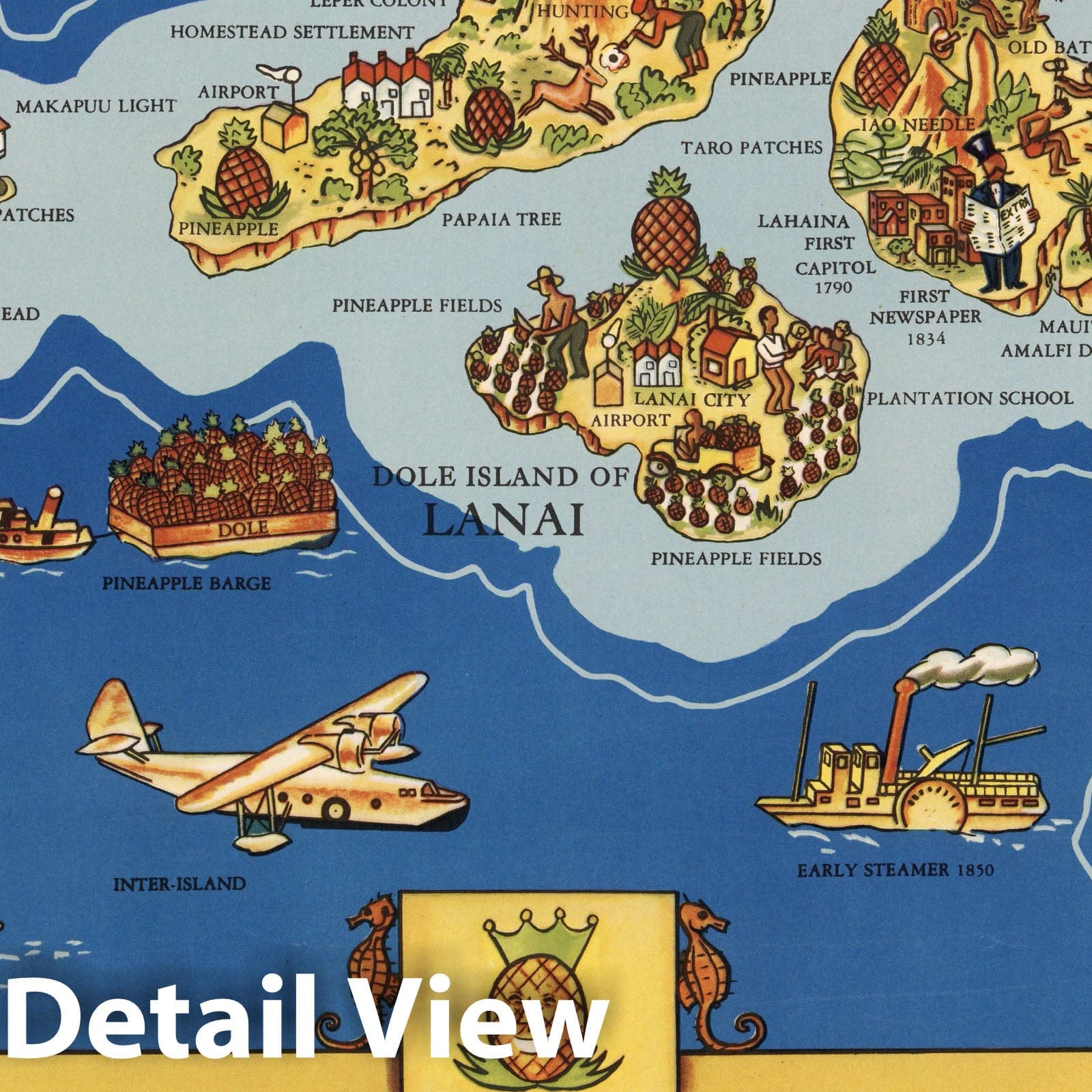 Hawaiian Islands Pictorial Map, 1937 - Vintage Dole Company Print