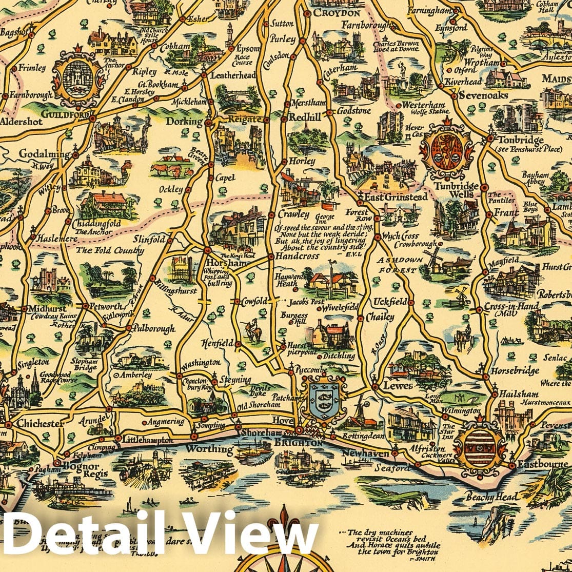 South Coast, England - Pictorial Map, 1932 - Historical Map Print