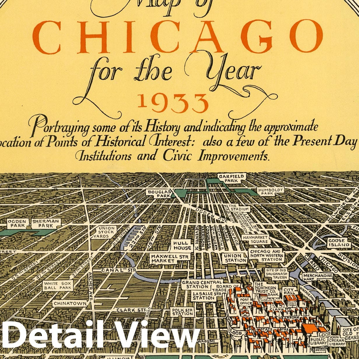 Chicago, Illinois - Pictorial Map, 1932 - Historical Map Print