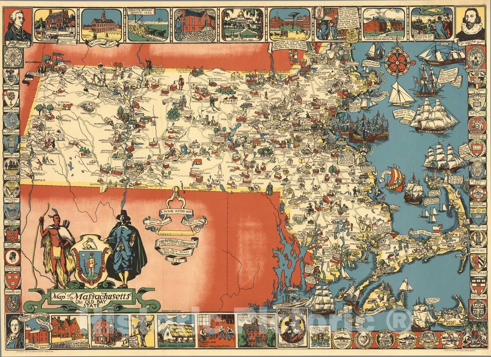 Historic Map : Map of Massachusetts, The Old Bay State, 1930 - Vintage Wall Art