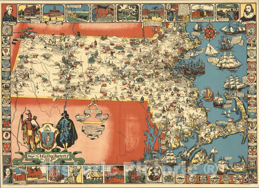 Historic Map : Map of Massachusetts, The Old Bay State, 1930 - Vintage Wall Art