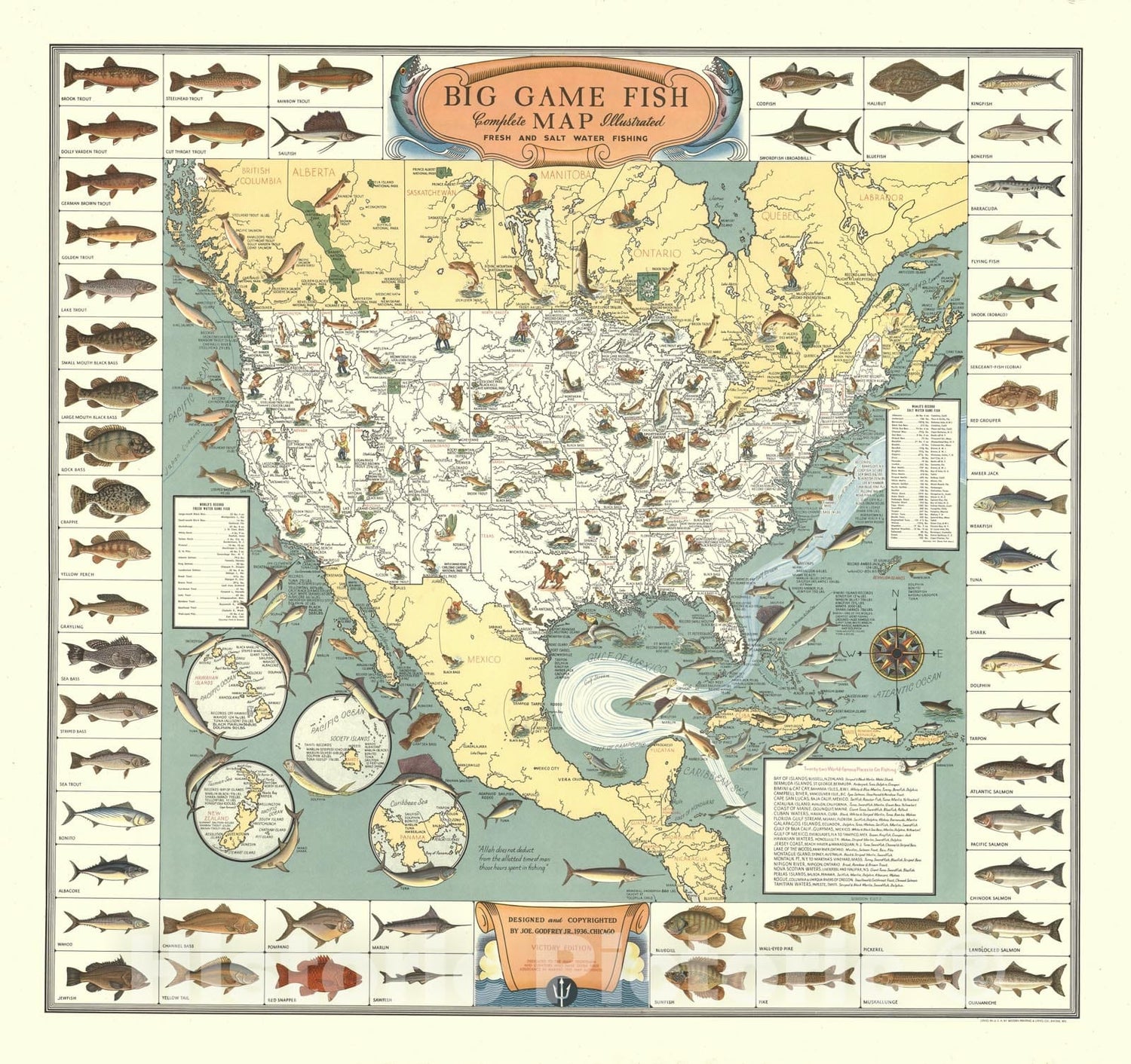 Big Game Fish, Complete Map Illustrated, Fresh and Salt Water Fishing, 1936 - Vintage Wall Art
