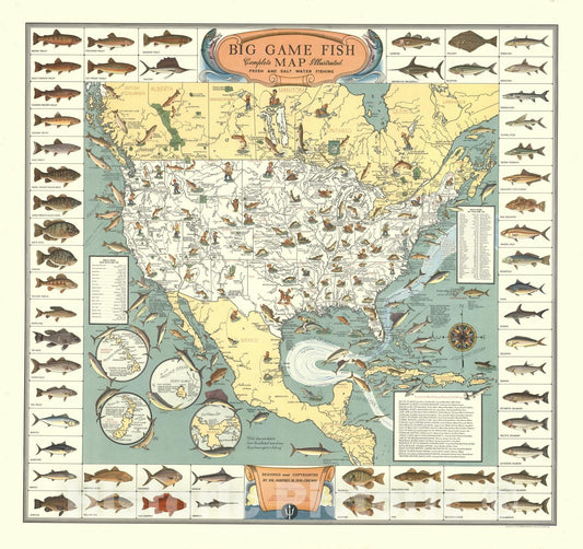 Big Game Fish, Complete Map Illustrated, Fresh and Salt Water Fishing, 1936 - Vintage Wall Art