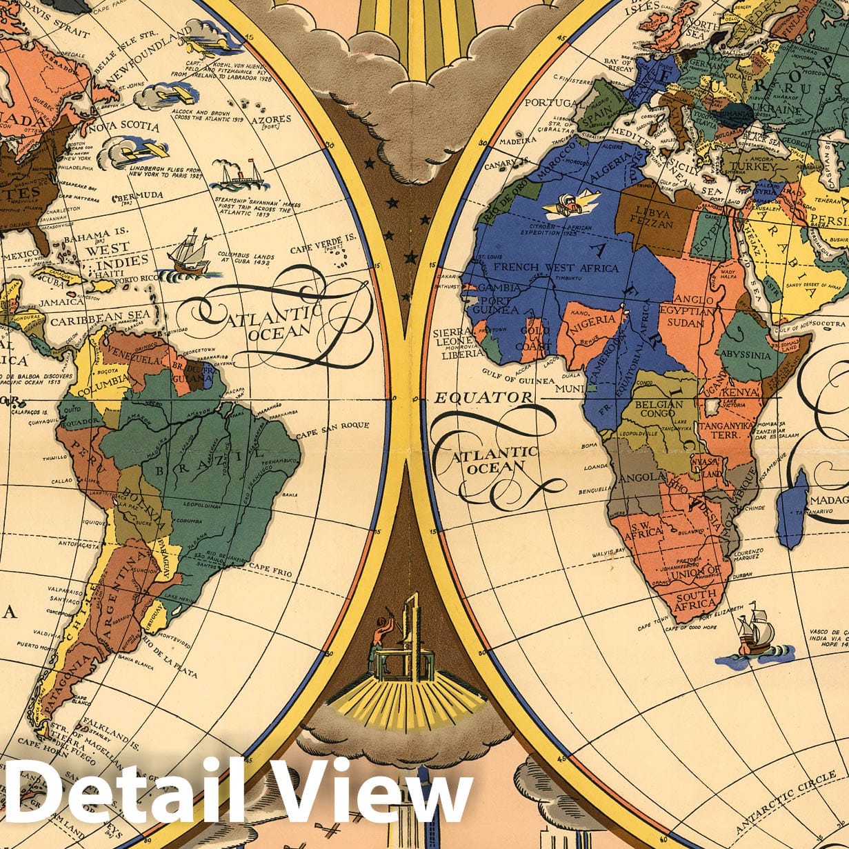 World, Eastern and Western Hemispheres - Pictorial Map, 1928 - Historical Map Print