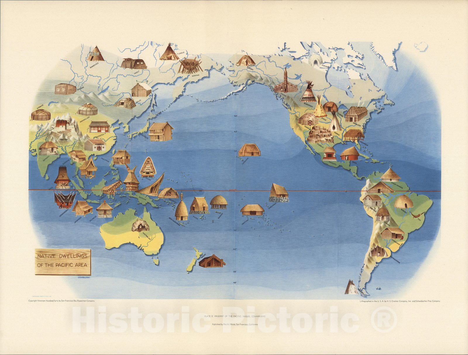 Historic Map : Plate V. Native Dwellings of the Pacific Area. Pageant of the Pacific. 1940 - Vintage Wall Art