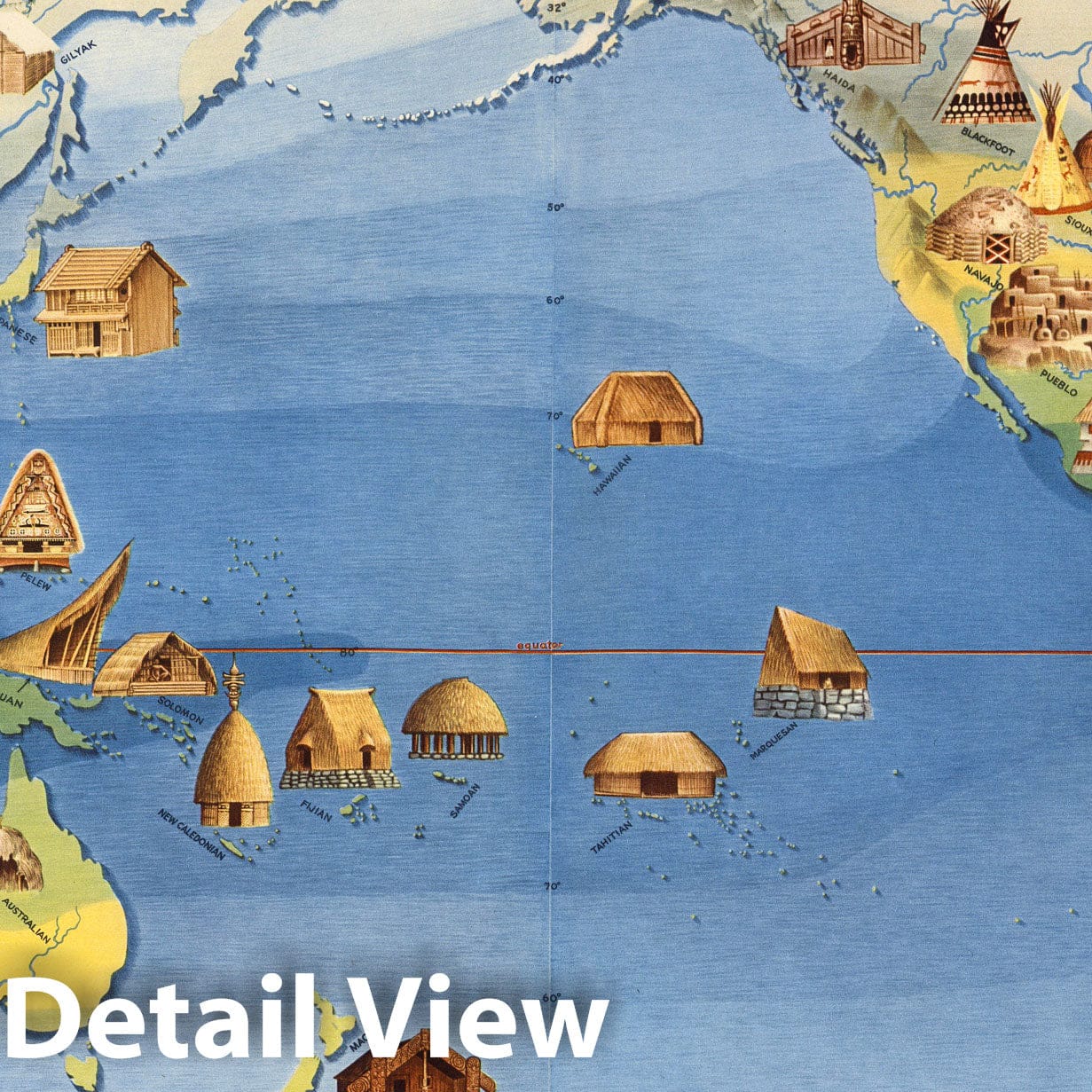 Native Dwellings of the Pacific Area - Pictorial Map, 1940