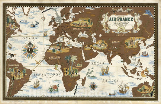 Historic Map : Air France, "Nova Et Vetera" Sur La Vieille Des Chemins Nouveaux., 1939, Vintage Wall Decor