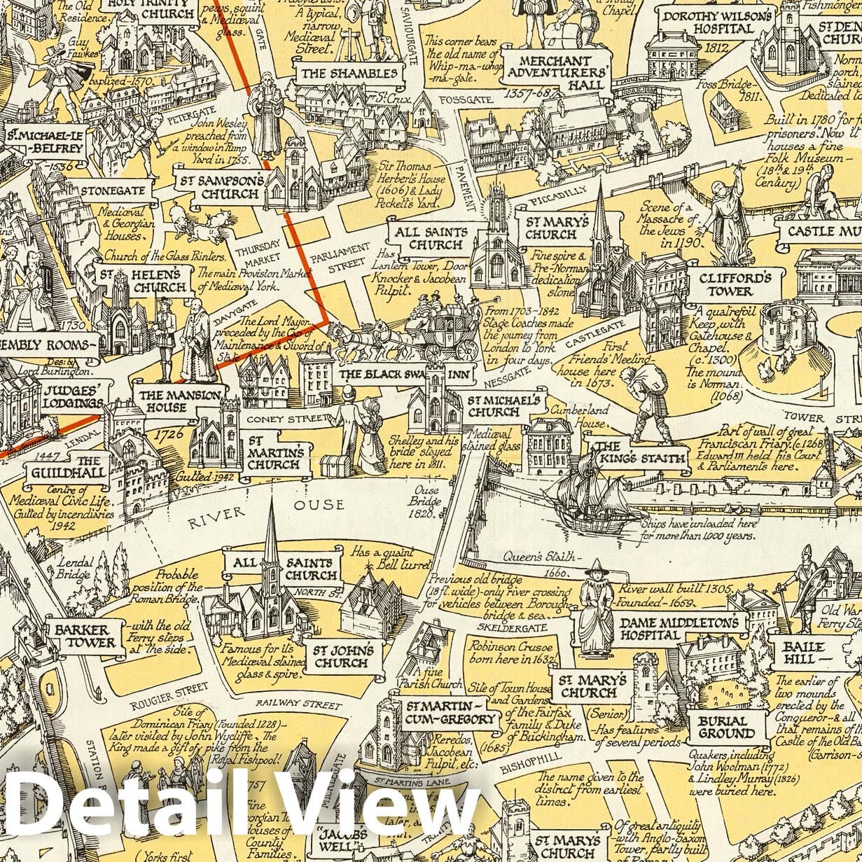 York, England - Pictorial Map, 1947 - Historic Map Print