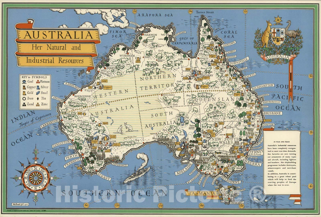 Historic Map : Australia: her natural and industrial resources 1942 - Vintage Wall Art