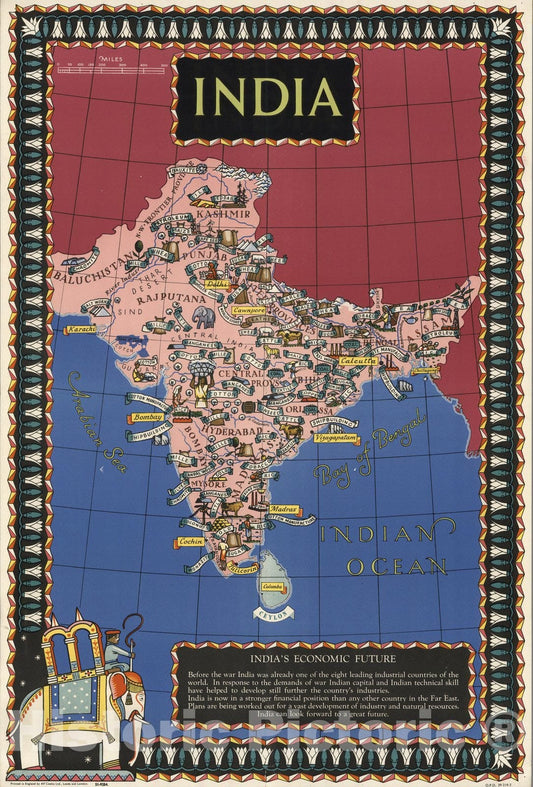 Historic Map : India. Printed in England by Alf Cooke Ltd. 1943 - Vintage Wall Art