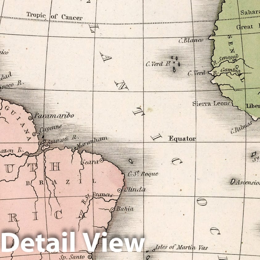 Atlantic Ocean, 1838 - Historical Map Print from Bradford's Atlas
