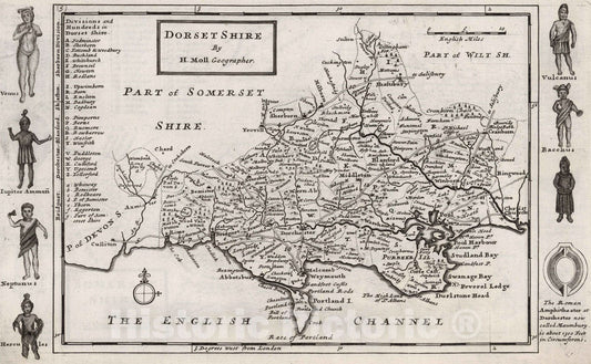 Historic Map : Dorset Shire. By H.Moll Geographer 1724 - Vintage Wall Art