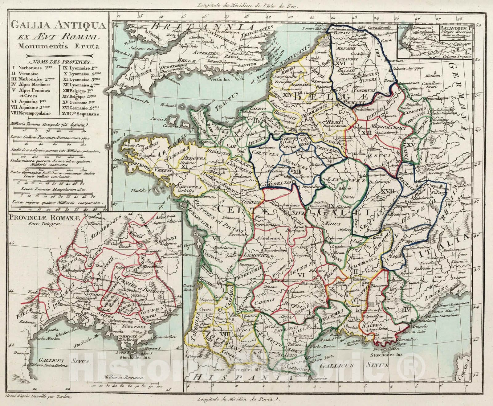 Historic Wall Map : France,XL. Gallia Antiqua. 1804 , Vintage Wall Art