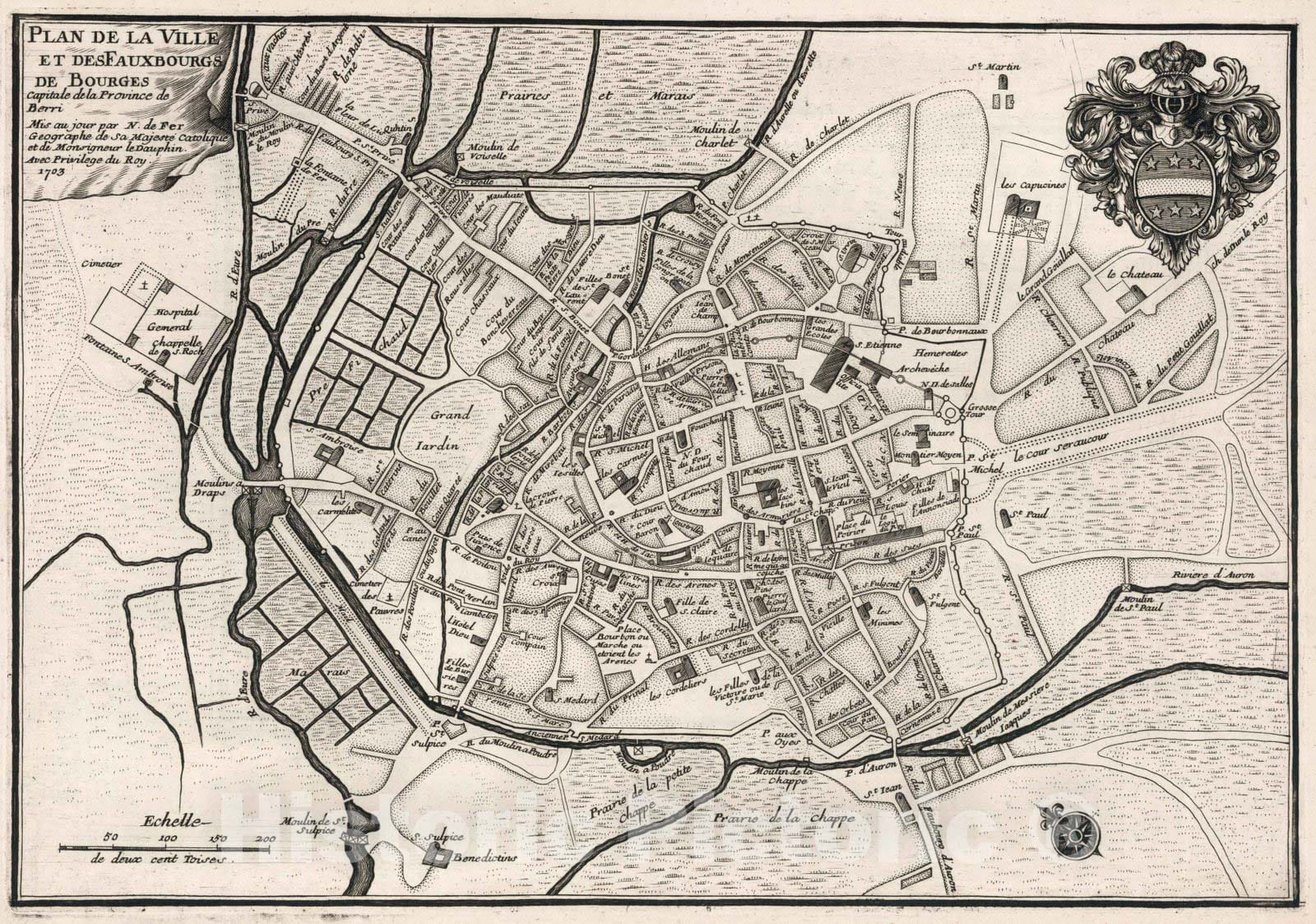 Historic Map : World Atlas Map, Plan de la Ville et des Fauxbourgs et Bourges. 1703 - Vintage Wall Art