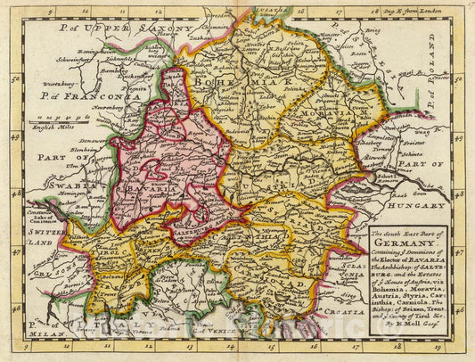Historic Map : World Atlas Map, The south east part of Germany. 1736 - Vintage Wall Art