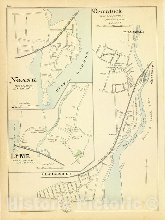 Historic Map : State Atlas Map, Pawcatuck, Noank, Lyme. 1893 - Vintage Wall Art