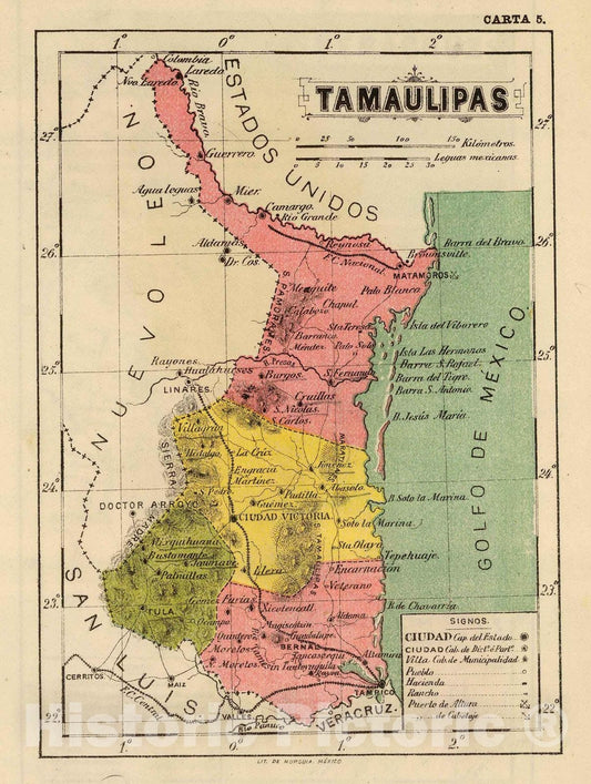 Tamaulipas, Mexico - Railroad Map, 1899 - Historical Map Print