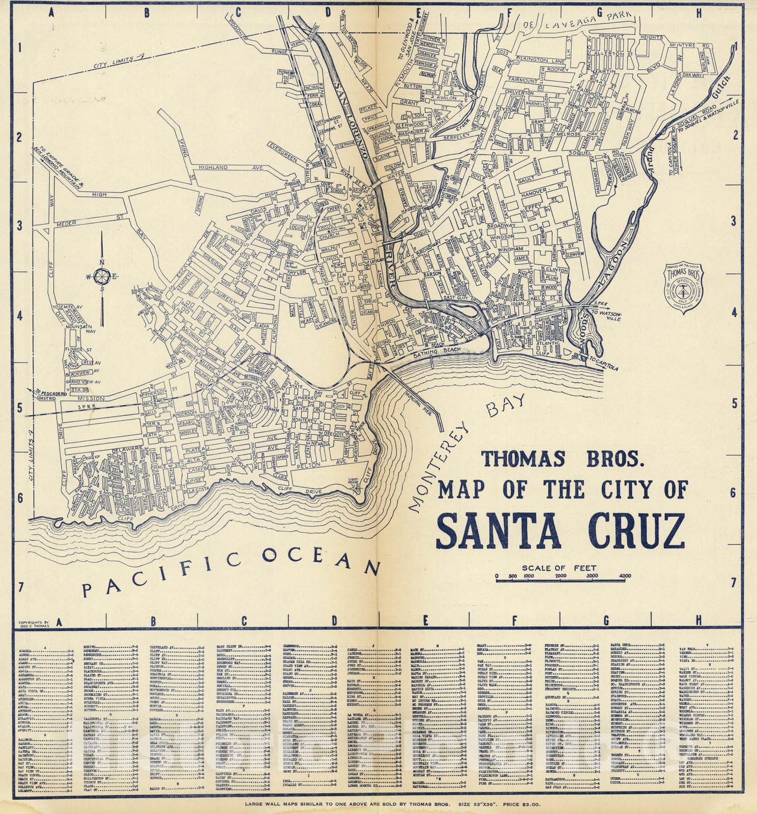 Historic Map : Thomas Bros. Map of the City of Santa Cruz, California, 1938 - Vintage Wall Art