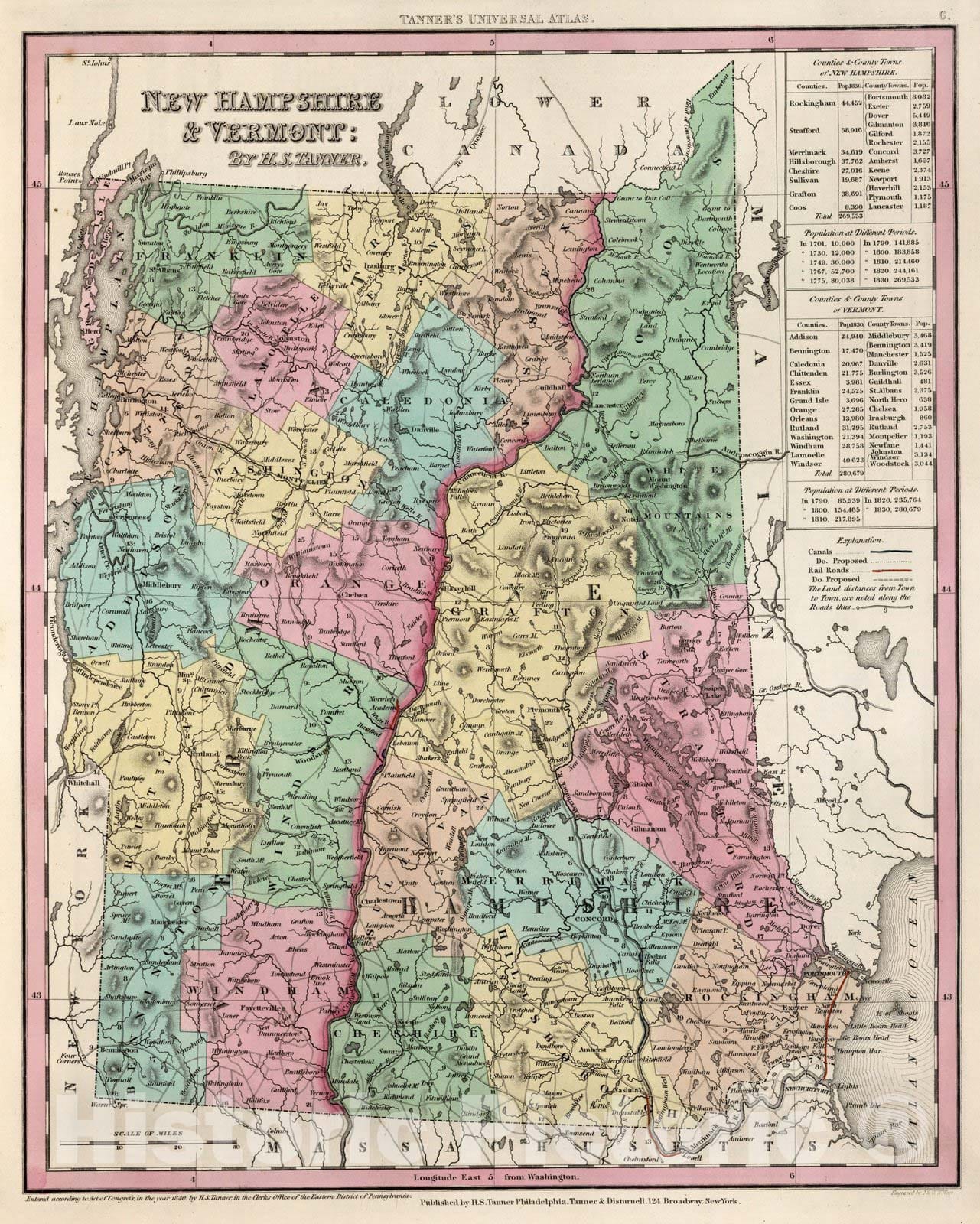 Historic Map : World Atlas Map, New Hampshire and Vermont. 1840 - Vintage Wall Art