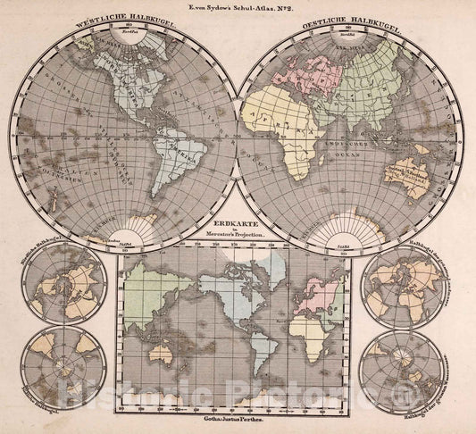 Historic Map : School Atlas Map, 2. Erdkarte. Earth. 1872 - Vintage Wall Art