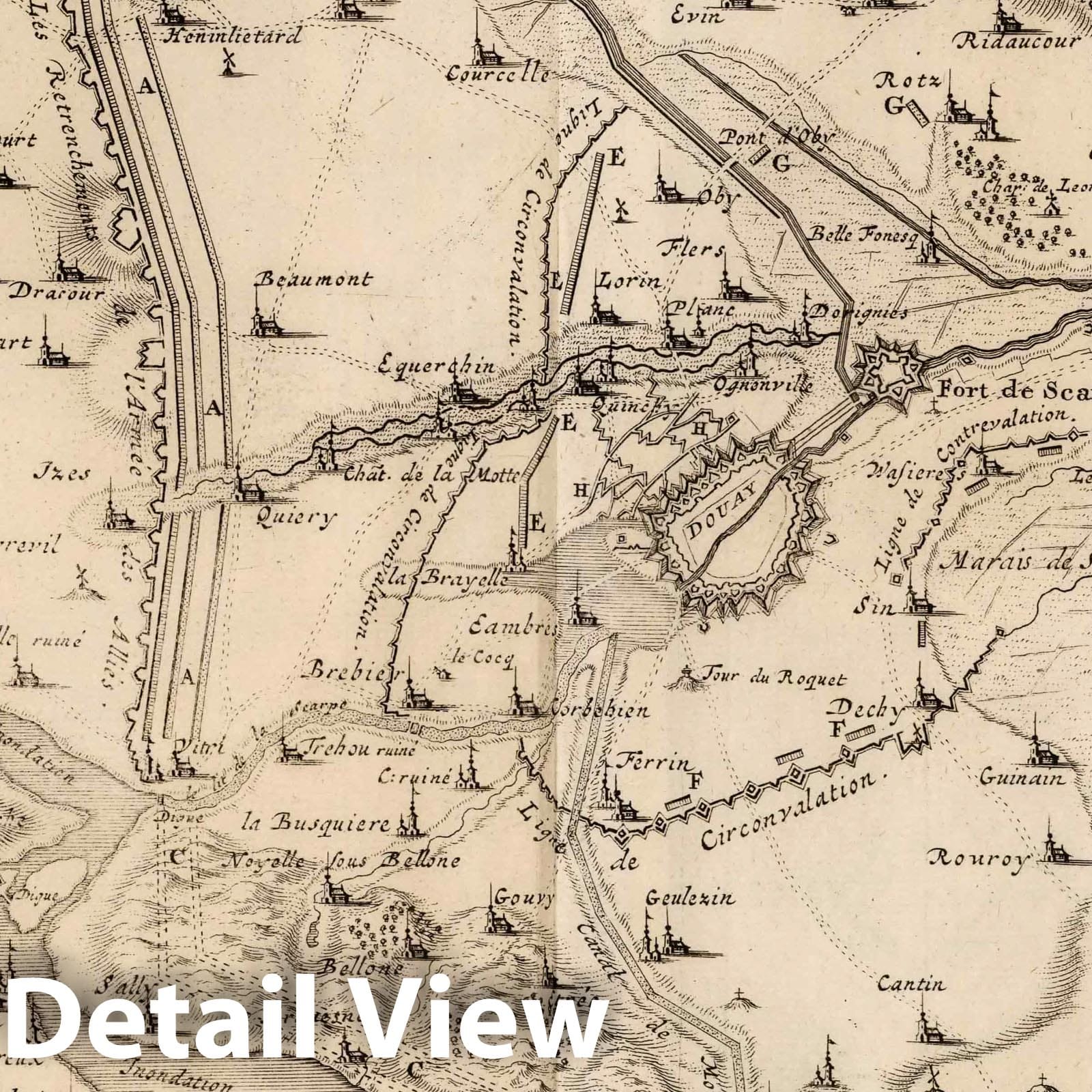 Douai and Environs, France - Military Map 1710 - Historical Map Reproduction