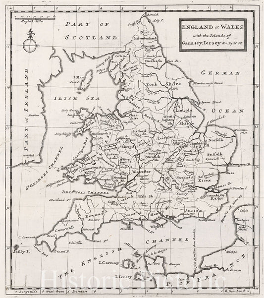 Historic Map : England & Wales with the Islands of Garnsey, Iersey & c. 1724 - Vintage Wall Art