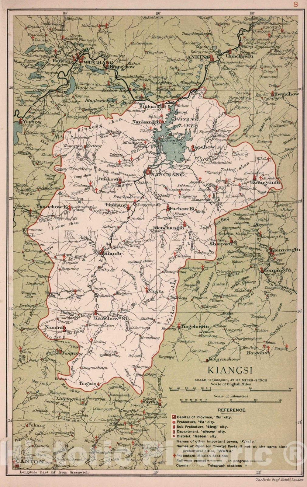 Historic Wall Map : Kiangsi. Stanford's Geographical Establishment 1908 - Vintage Wall Art