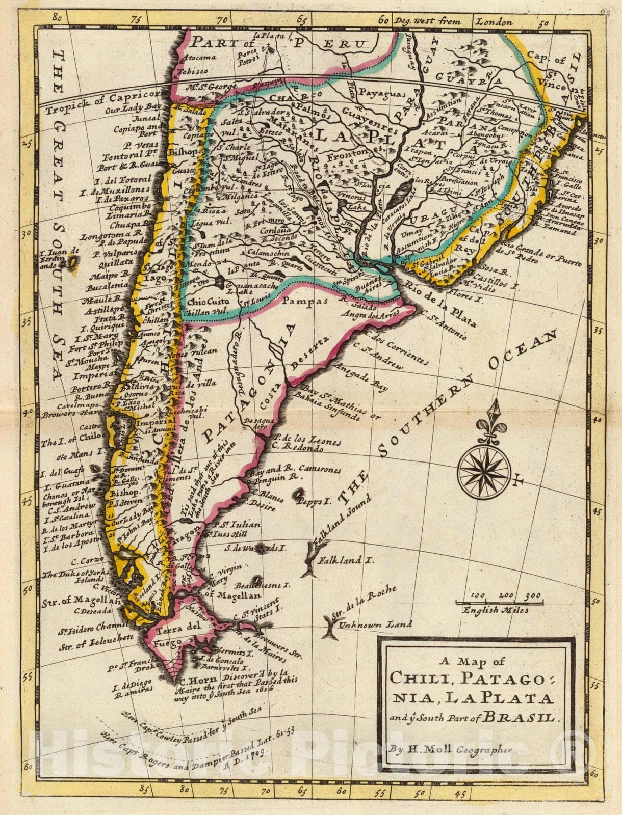 Historic Map : Map of Chili, Patagonia, La Plata, part of Brasil, 1736 - Vintage Wall Art