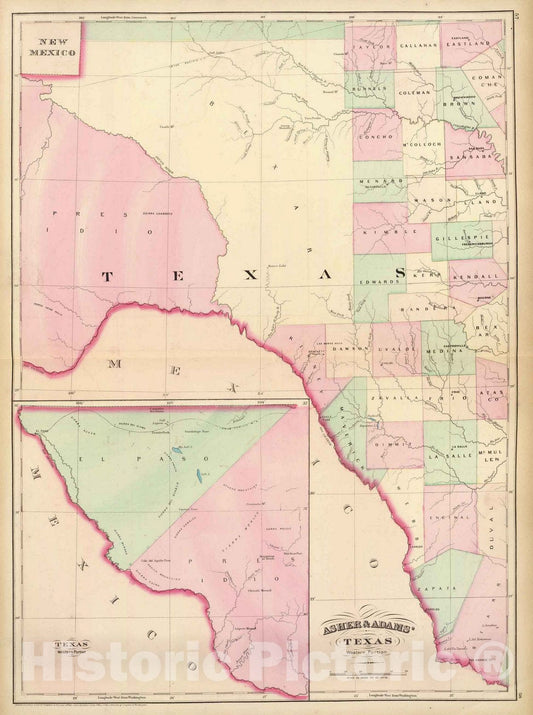 Historic Map : Texas, Texas W portion. 1874 , Vintage Wall Art