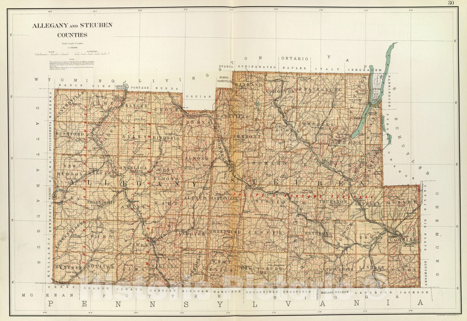 Historic Map : State Atlas Map, Allegany, Steuben counties. 1895 - Vintage Wall Art