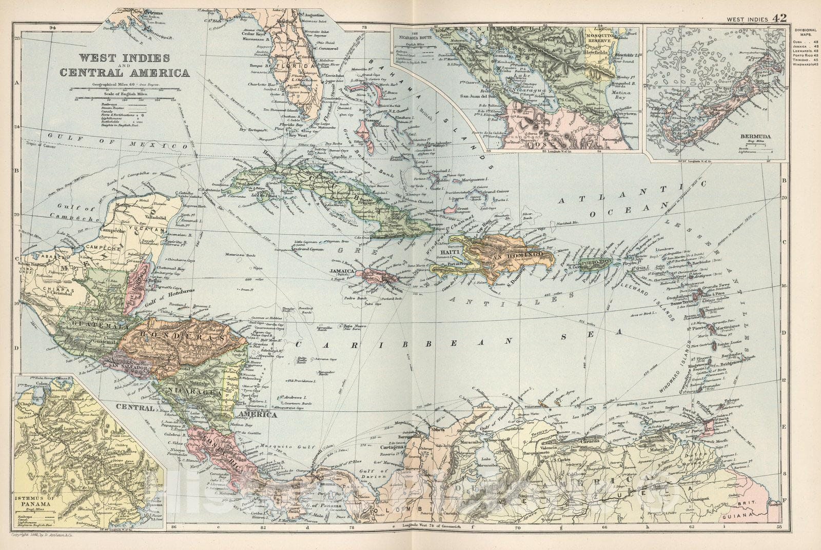 Historic Map : World Atlas Map, West Indies. 42 1892 - Vintage Wall Art