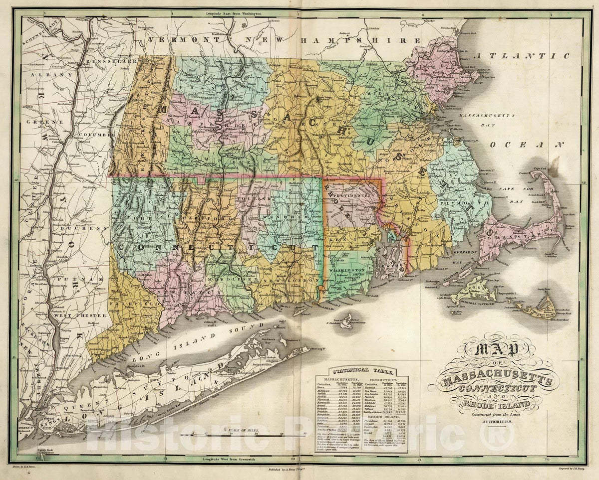 Historic Map : Massachusetts, Connecticut, and Rhode Island. 1827 - Vintage Wall Art