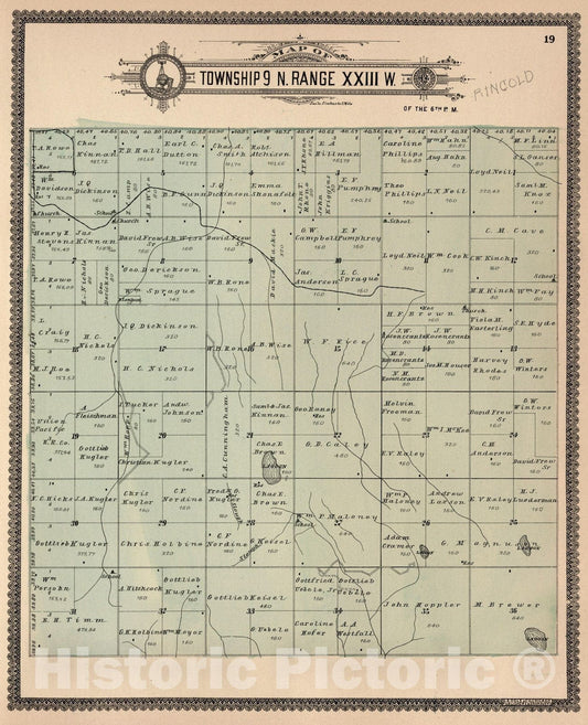 Historic Map : Dawson County Nebraska, County Atlas Map, Township 9 N. Range XXIII W. 1904 - Vintage Wall Art