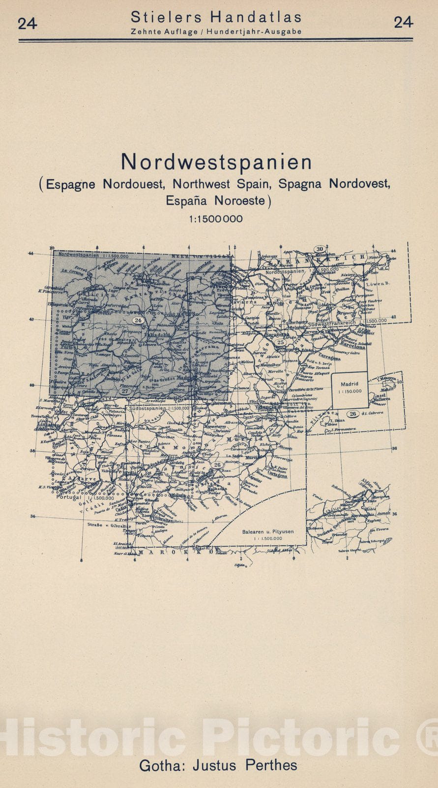Historic Map : Index Map: 24. Northwestspanien. Northwest Spain, 1925 - Vintage Wall Art